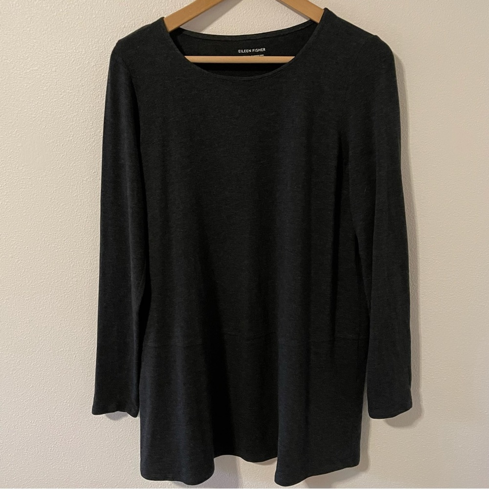 Eileen Fisher Stretch Jersey A-Line Tunic Long Sleeve Charcoal Longline Scoop-S